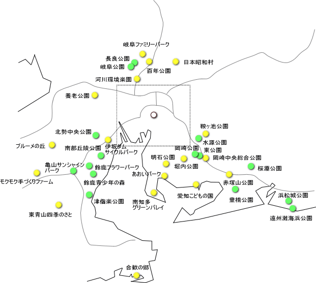 東海地方の公園 レジャーパークの地図